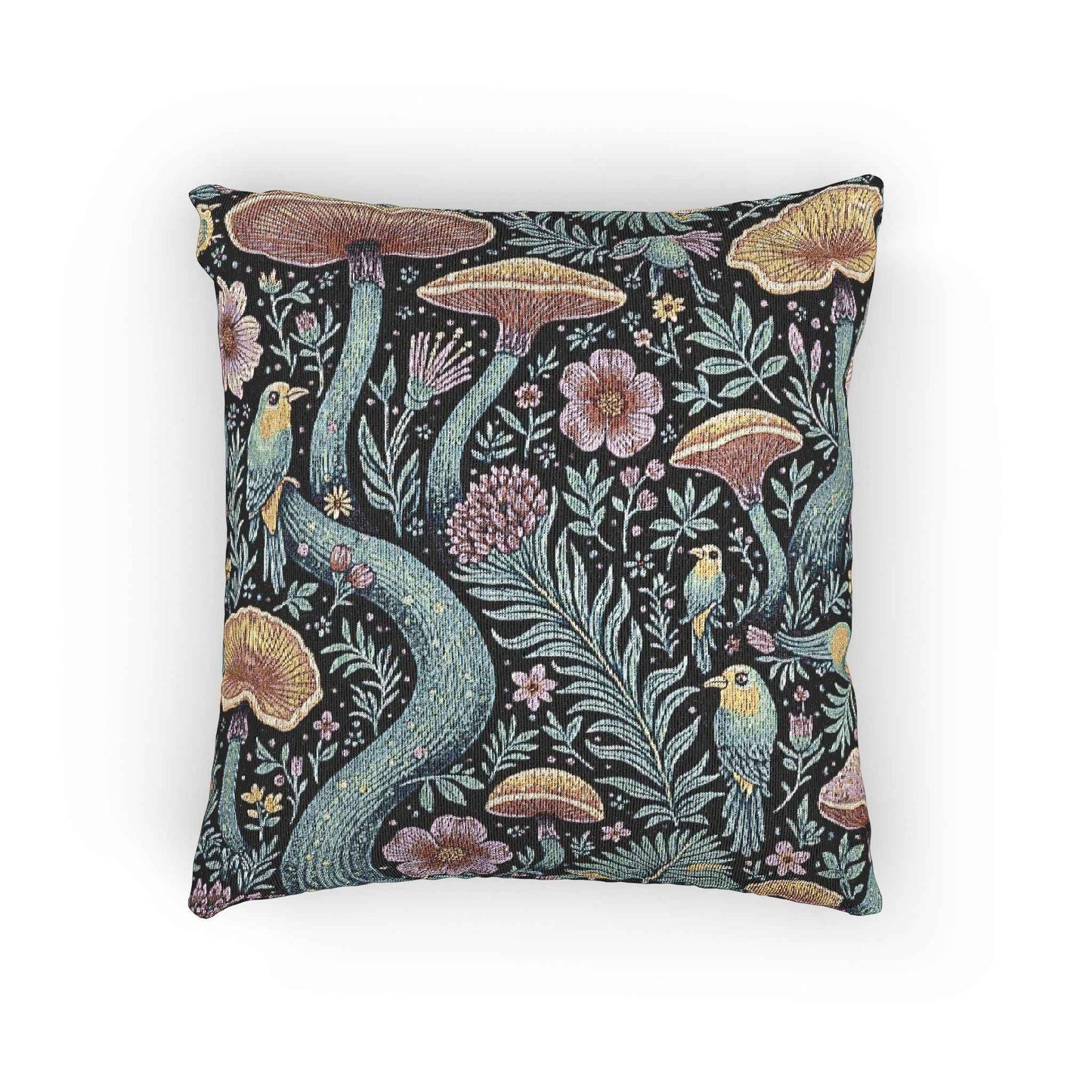 Mushroom and Fern Tapestry Pillow | Woven Decorative Throw Pillow