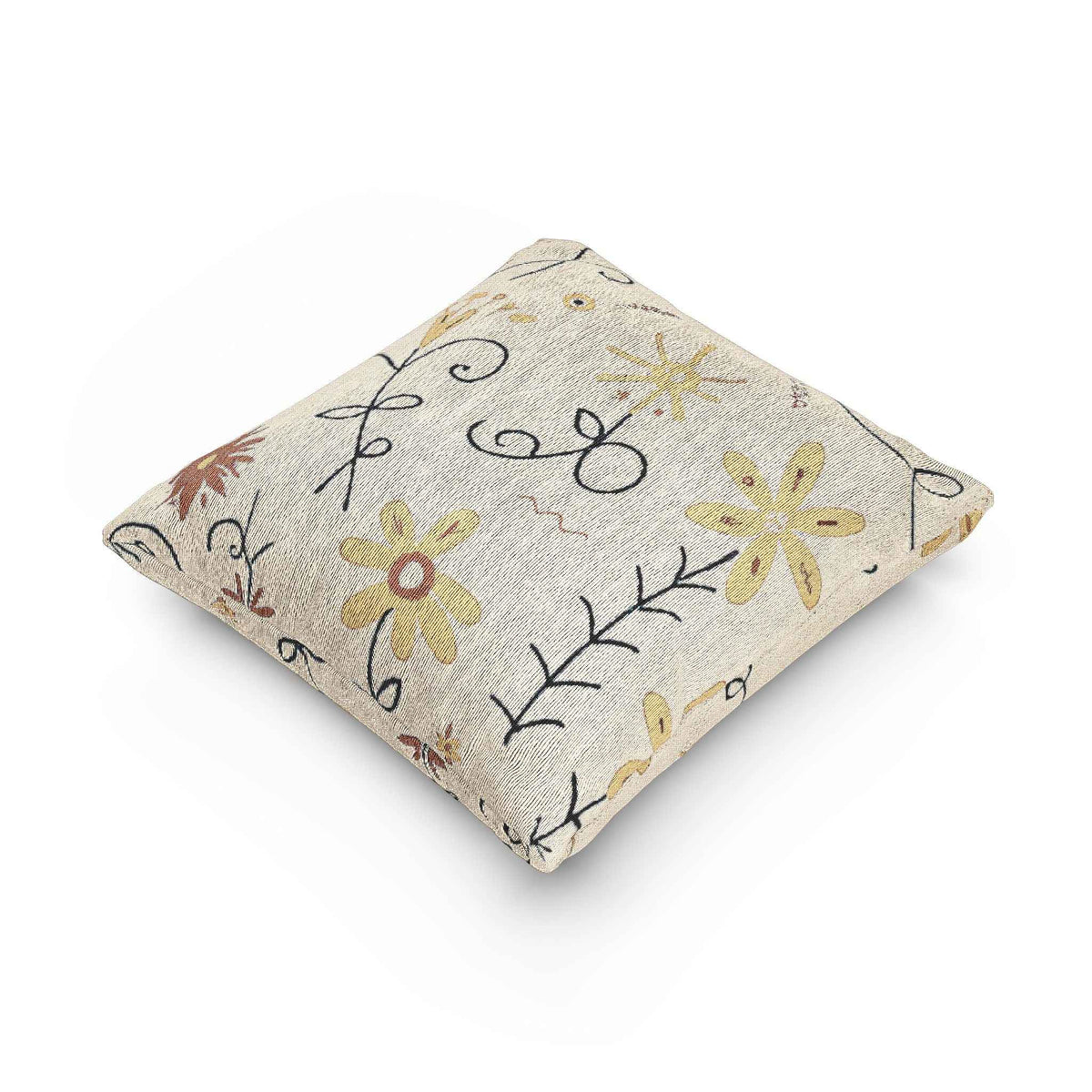 Neutral Floral Embroidered Woven Pillow | Boho Farmhouse Throw Cushion