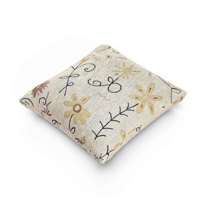 Neutral Floral Embroidered Woven Pillow | Boho Farmhouse Throw Cushion