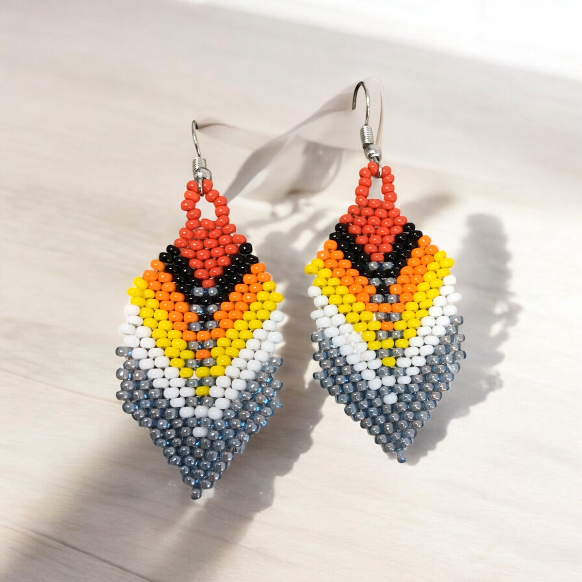 grey Beaded Feather Drop Earrings