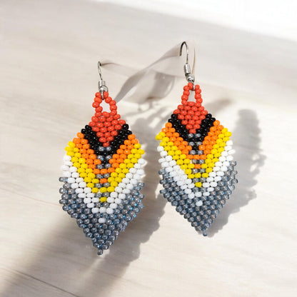 grey Beaded Feather Drop Earrings