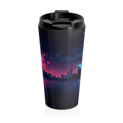 Neon City Skyline Stainless Steel Travel Mug — Retro Sunset Urban Thermos