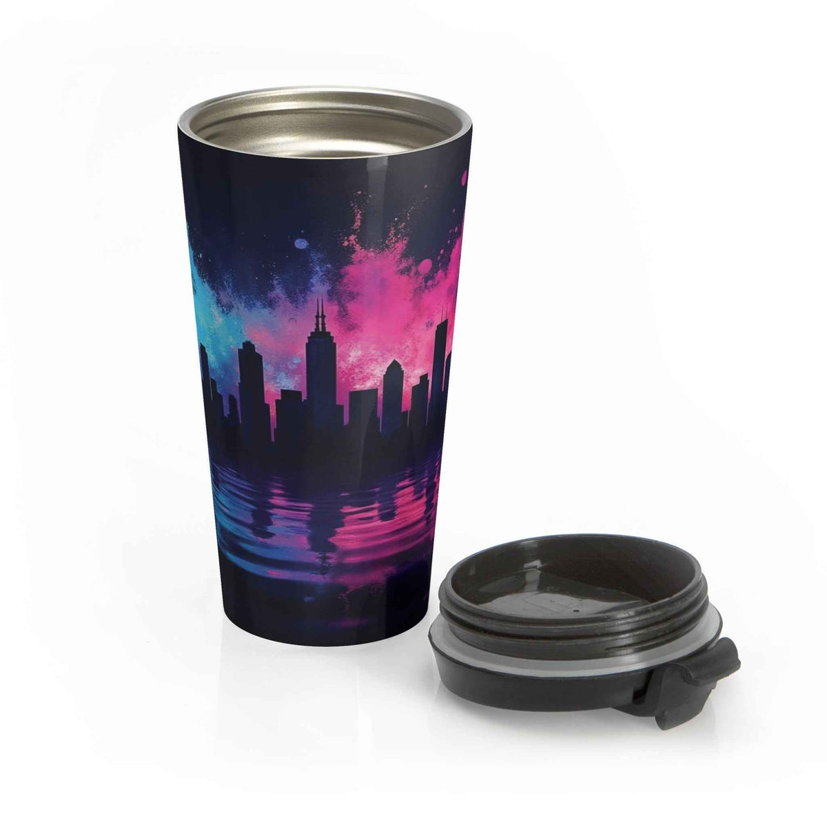 Neon City Skyline Stainless Steel Travel Mug — Retro Sunset Urban Thermos