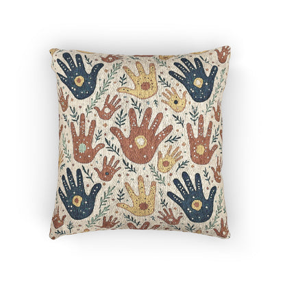 Woven Pillow — Boho Handprint Pattern Decorative Throw Pillow (Earth Tones)