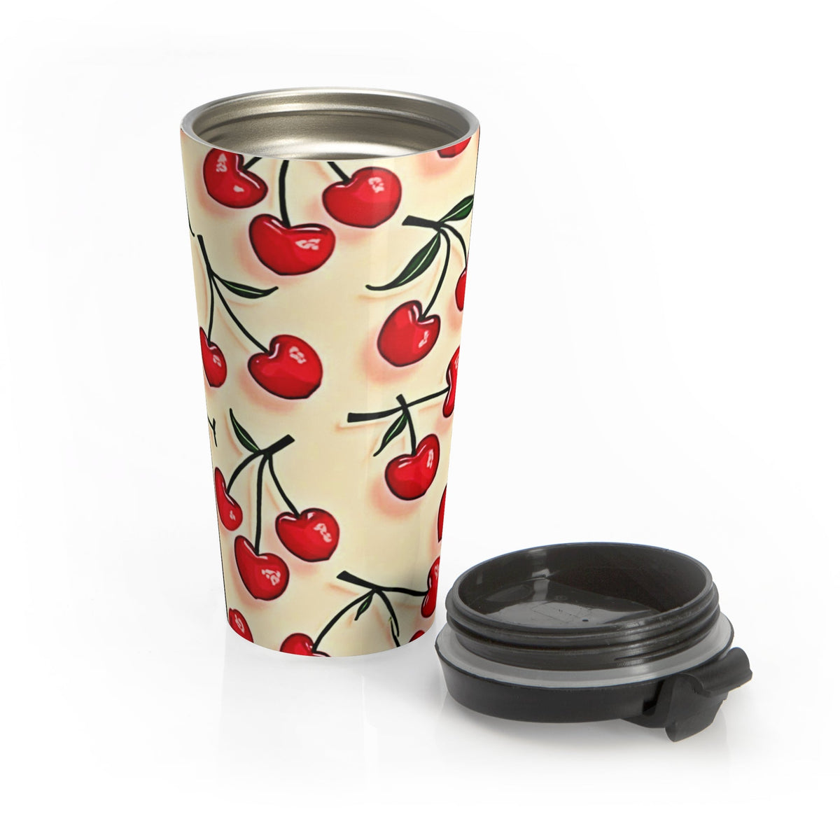 Cherry Pattern Stainless Steel Travel Mug — Retro Red Cherries Thermal Tumbler