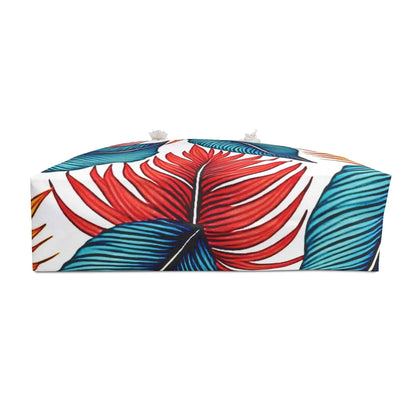 Tropical Leaf Pattern Weekender Bag | Blue Teal Orange Palm, Large Tote Bag
