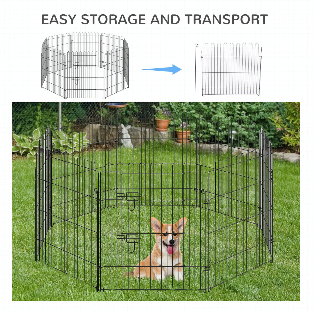24inch 8-Panel Dog Playpen Octagon Pet Exercise Playpen Crate Foldable Dog Cage Pen Puppy Kennel, Black