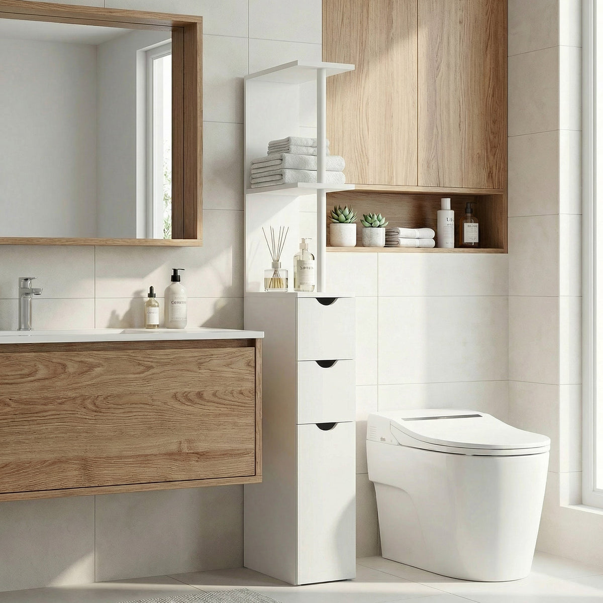 Tall Bathroom Storage Cabinet, Narrow Bathroom Cabinet with Drawers and Open Shelves for Small Spaces, White and Grey