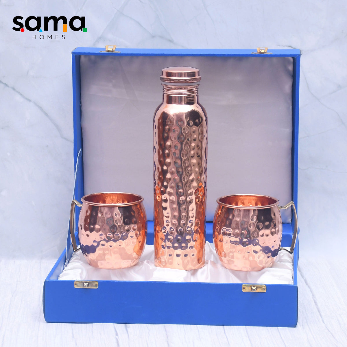 Premium Copper Water Bottle + 2 Moscow Mule Mug Set | Half-Hammered Ayurvedic Design | Handcrafted, Sustainable Luxury Gift