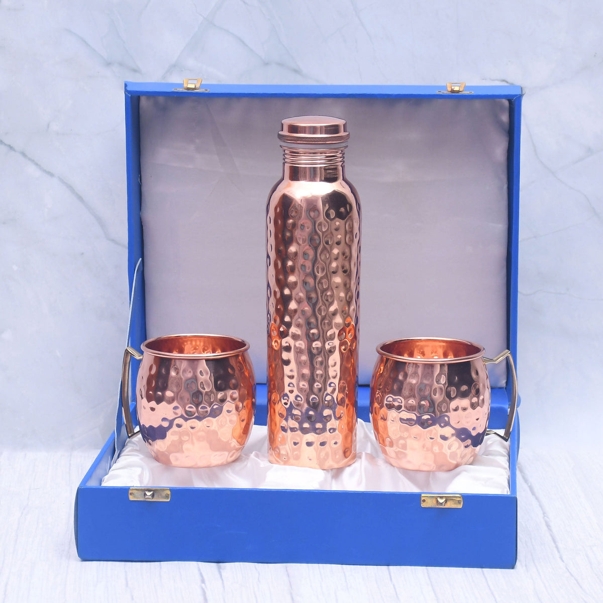 Premium Copper Water Bottle + 2 Moscow Mule Mug Set | Half-Hammered Ayurvedic Design | Handcrafted, Sustainable Luxury Gift