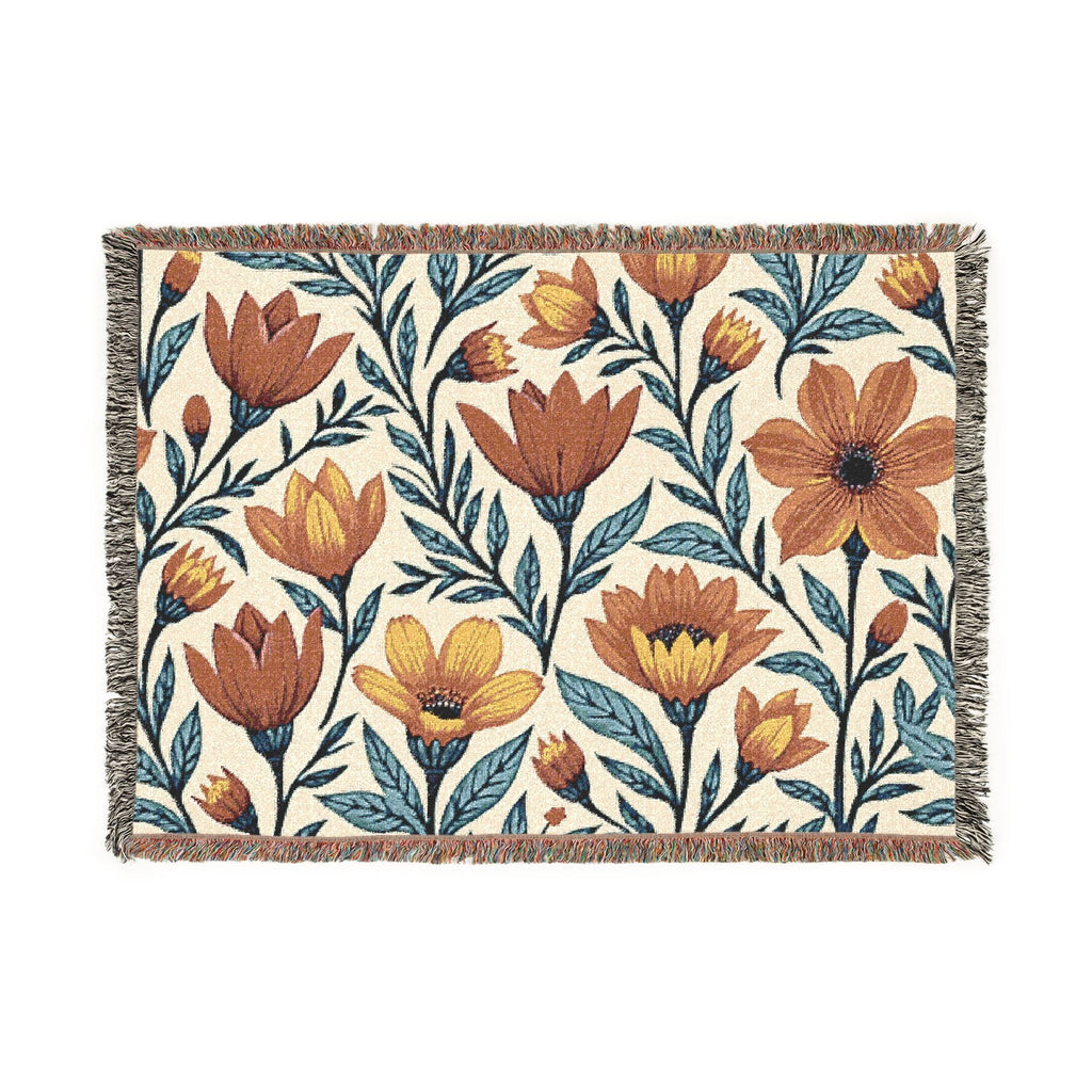 Woven Blanket — Boho Floral Throw Blanket, Vintage-Inspired Tulip & Poppy Pattern