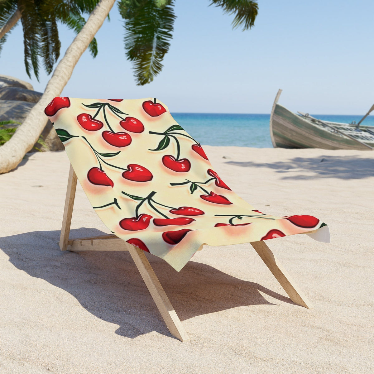 Cherry Pattern Beach Towel — Retro Red Cherries on Cream