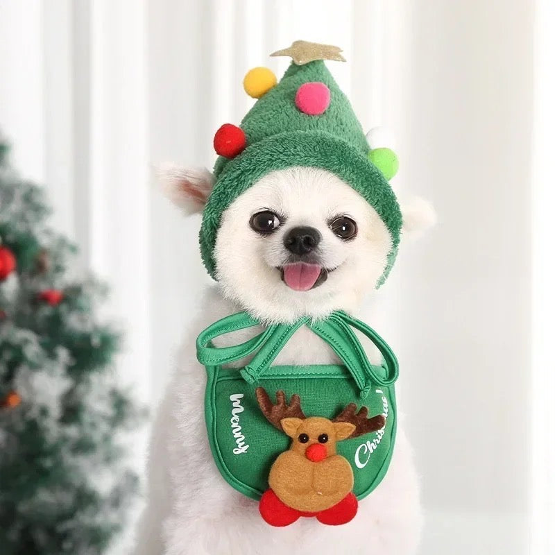 Holiday Cheer Dog Bandana and Hat Set | Reindeer or Tree Theme