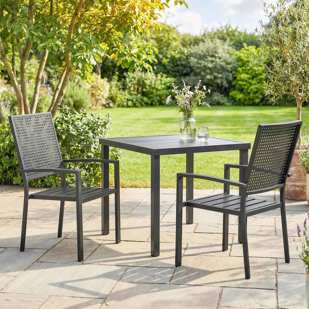 Stackable Patio Chairs Set of 2, Outdoor Dining Chairs with Faux Wicker Steel Mesh Back, Slatted Seat, Armrests, Black