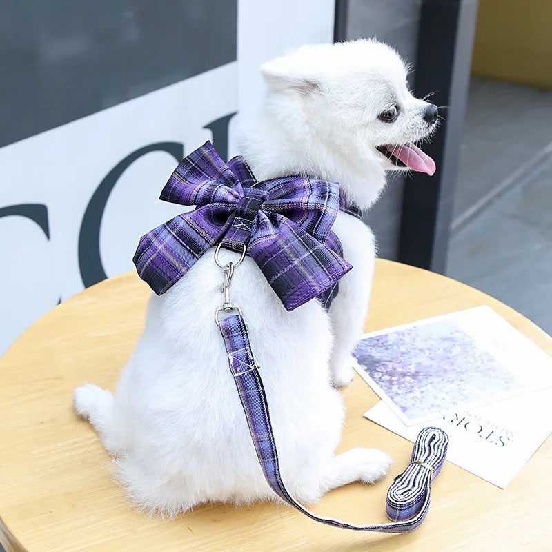 Vintage Plaid Bow Dog Harness and Leash Set | Dog Walking Outfit