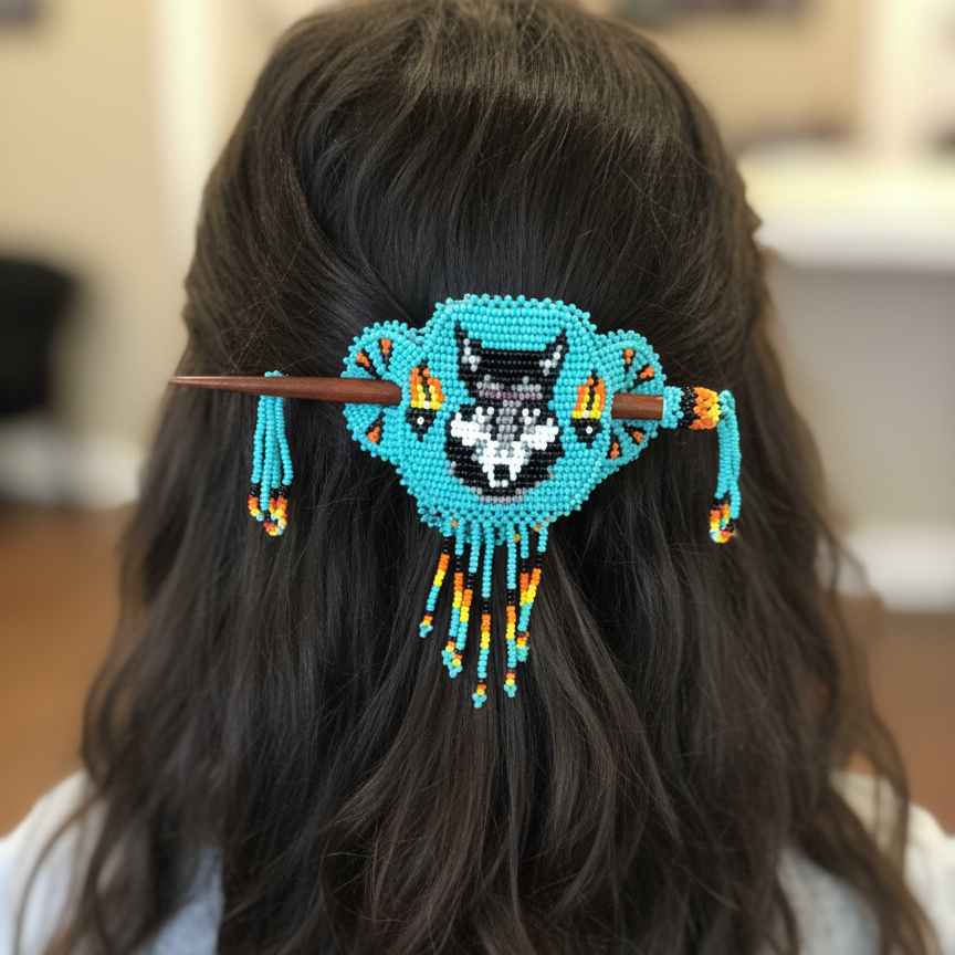 Wolf Fringed Beaded Barrette & Wooden Stick