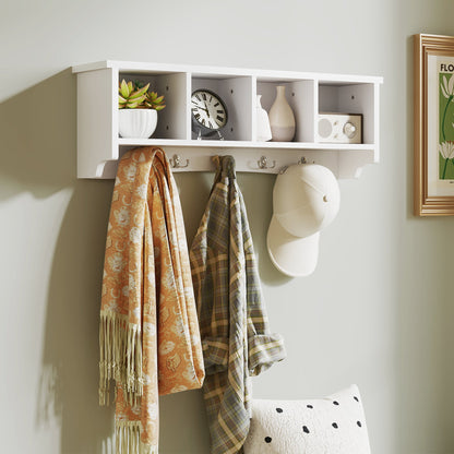 Coat Rack Wall Mount with Shelf, 28" Wall Coat Rack with 5 Hooks and 4 Compartments for Living Room, Entryway, Black