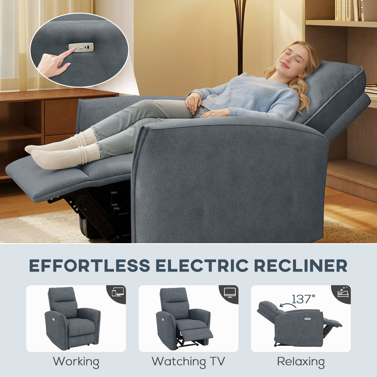 Power Recliner Chair, Dyed Fabric (Like Leathaire) Upholstered Recliner Chair with USB Ports, Footrest, Beige