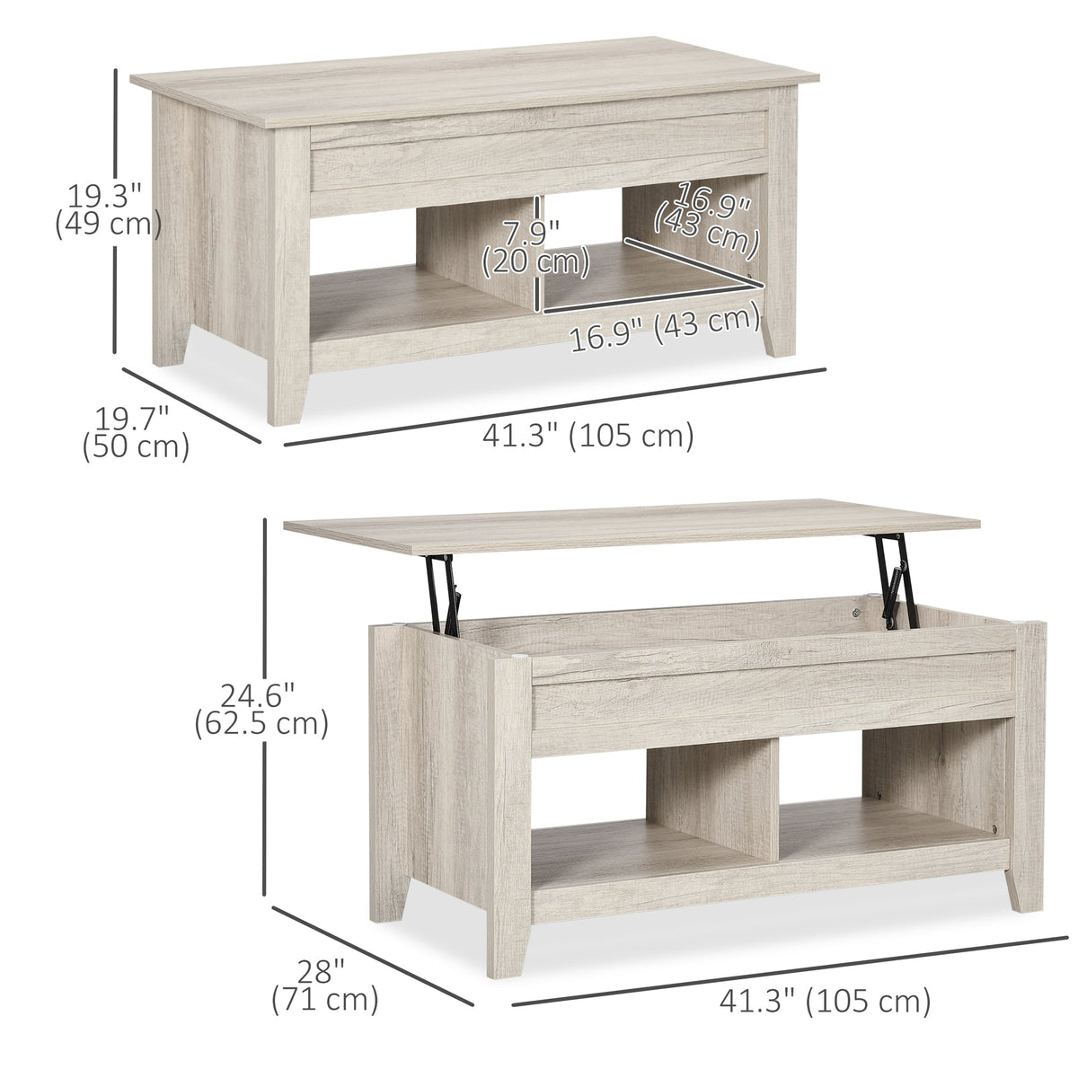 Lift Top Coffee Table with Hidden Storage Compartment and Open Shelves, Lift Tabletop Pop-Up Center Table for Living Room, Dark Walnut