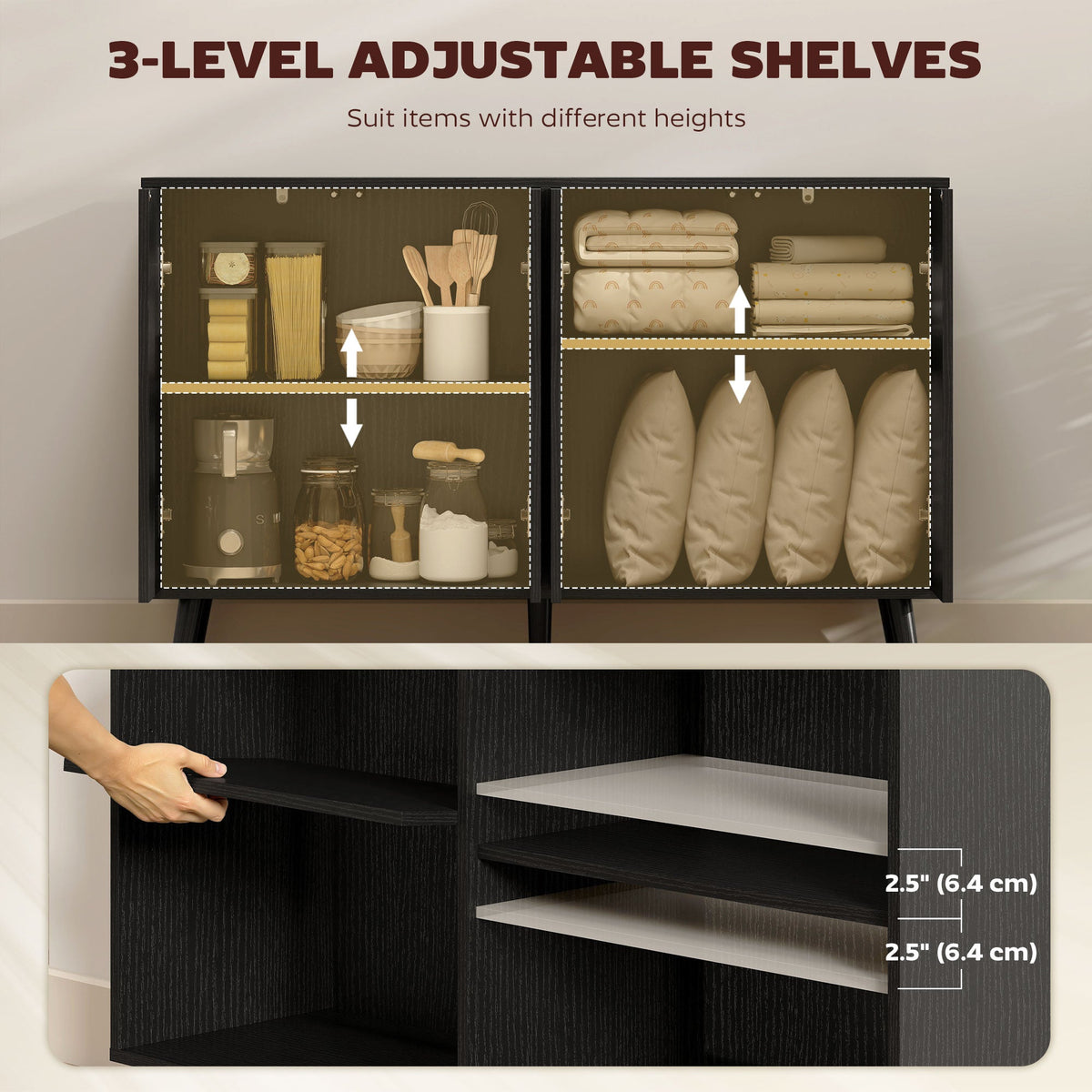 Buffet Cabinet with Storage Modern Fluted Sideboard with Adjustable Shelves Wood Legs for Dining Room Living Room Oak