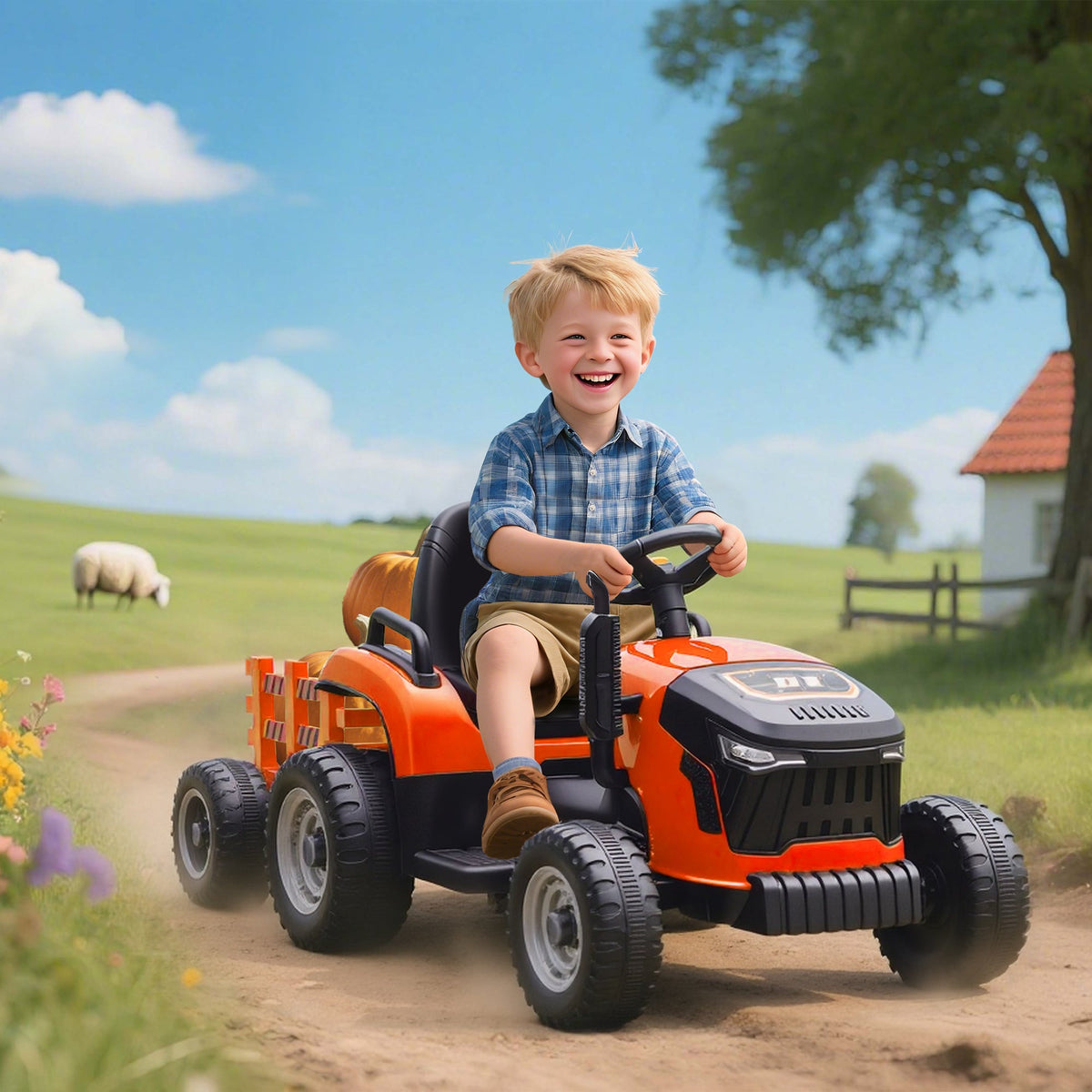 12V Kids Ride On Tractor with Trailor, Remote Control, Music, Lights, Shifter, for Kids Ages 3-8 Years, Blue