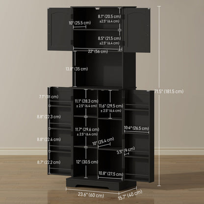 71.5" Tall Pantry Cabinet, Farmhouse Kitchen Storage Cabinet with Adjustable Shelves, 8 Door Spice Racks, Black