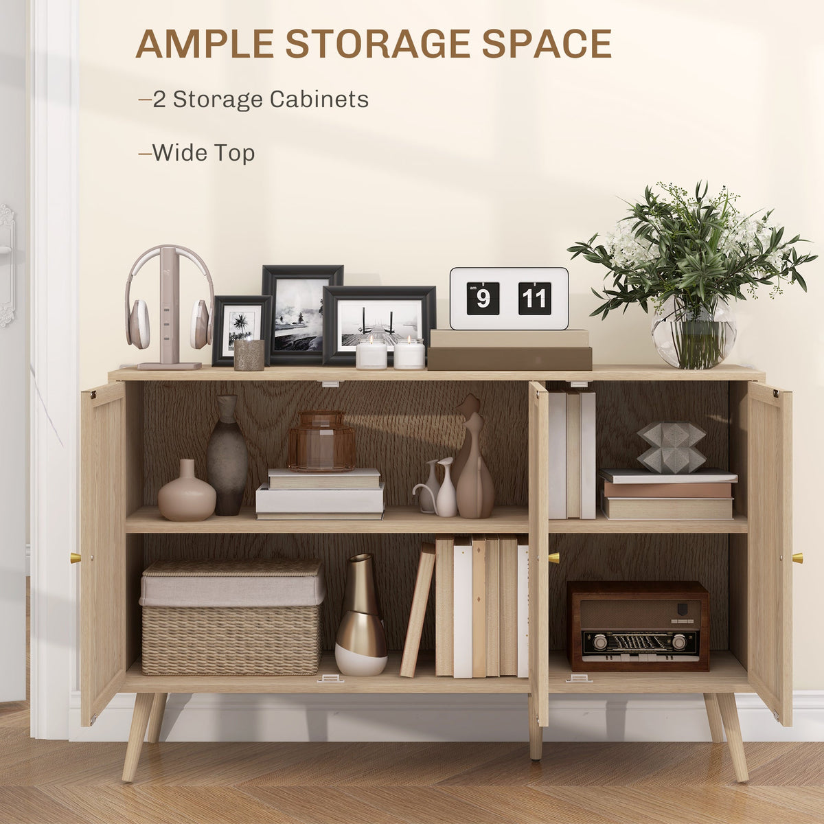Kitchen Sideboard Cabinet, Boho Storage Cabinet with Shelves, Wood Legs, Decorative Rattan Doors, Black