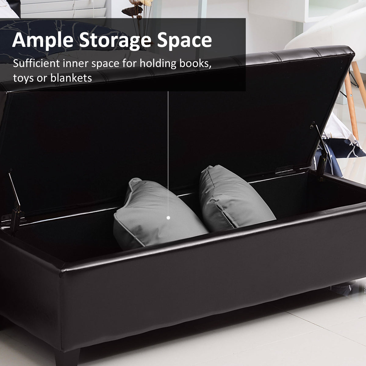 Storage Ottoman Bench, Foot Rest with Solid Wood Legs, 51 Inches PU Leather Storage Chest for Living Room, Black