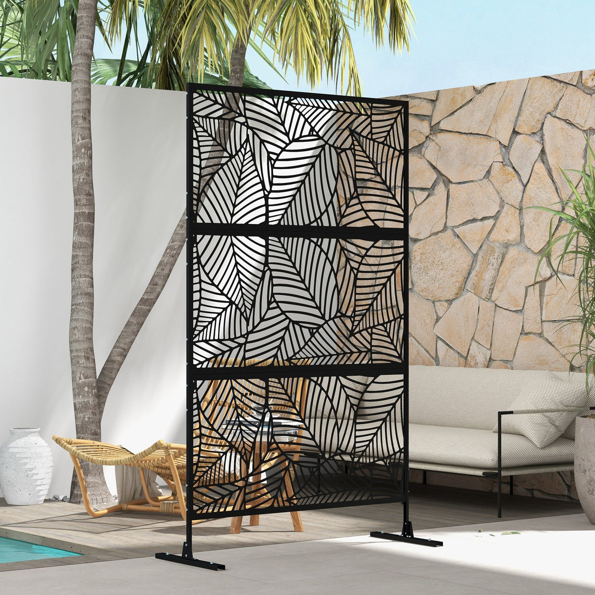 6.5FT Decorative Outdoor Divider, Metal Privacy Screen with Stand, Large Leaf Style, Black