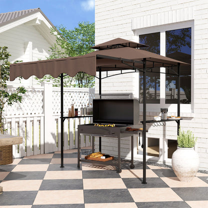 8' x 7.6' Grill Gazebo, Double Tiered Barbecue Grill Gazebo Shelter w/ Side Awning, 2 Side Shelves, 6 Hooks, Beige