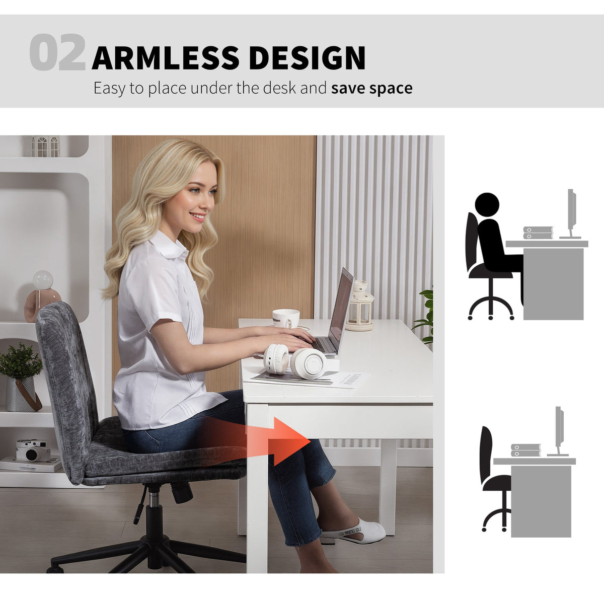 Criss Cross Chair with Wheels, Wide Office Chair with No Arms, Adjustable Height, Tilting, Beige
