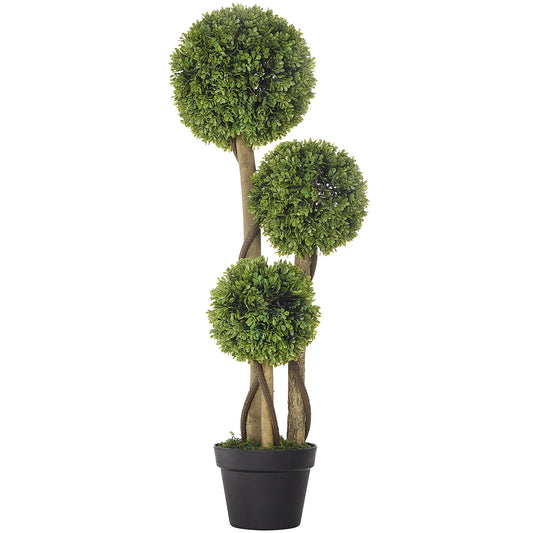 35 Inch Potted Fake Plant, Artificial Boxwood Topiary Tree, Triple Ball Tree for Indoor and Outdoor, Green