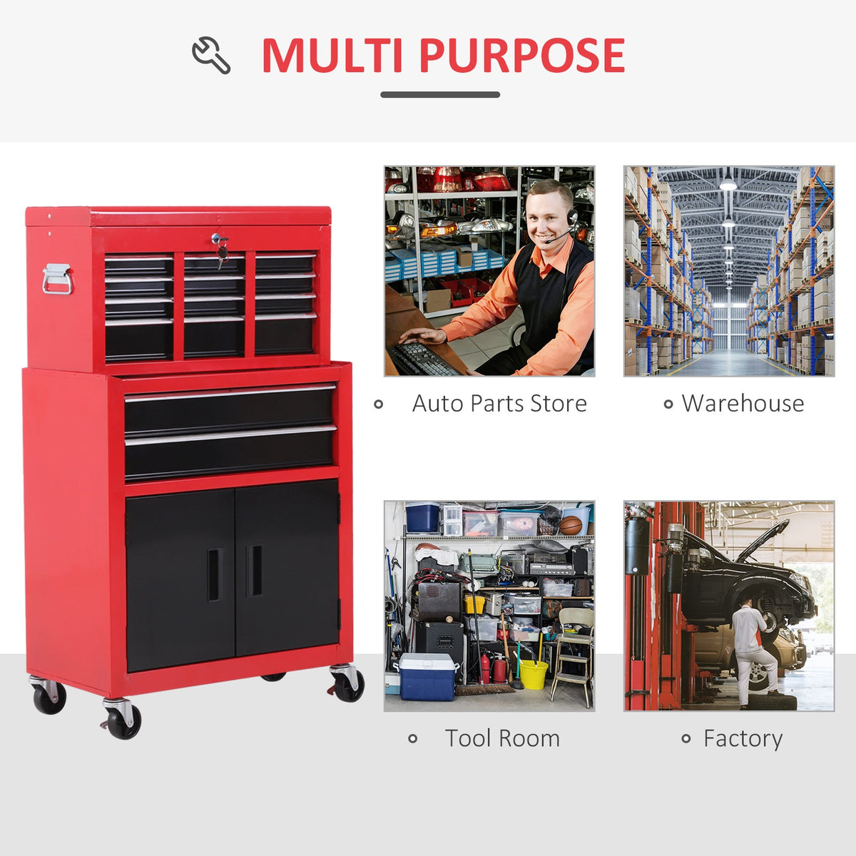 6-Drawer Rolling Tool Chest, 2 in 1 Lockable Storage Cabinet with Hooks, Metal Tool Box for Garage, Workshop, Black