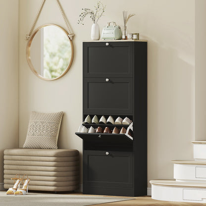 Modern Shoe Storage with 3 Flip Drawers and Adjustable Shelves, Shoe Cabinet Organizer for 12-18 Pairs of Shoes, Black