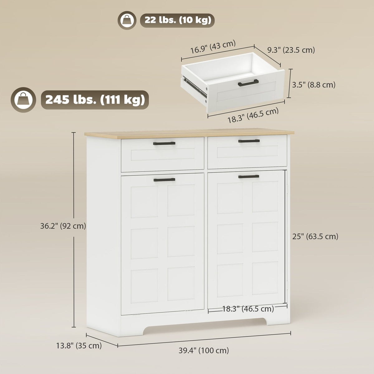 13 Gallon Tilt Out Garbage Cabinet, Kitchen Island with Trash Cabinet, 2 Drawers, Door Racks, Adjustable Shelves, Black