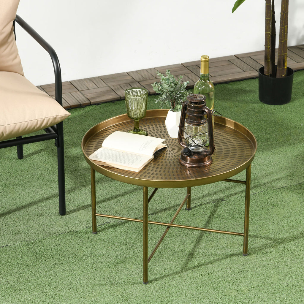 Dessie 24" Vintage Coffee Table with Hammered Tray Top and Metal Frame-Gold