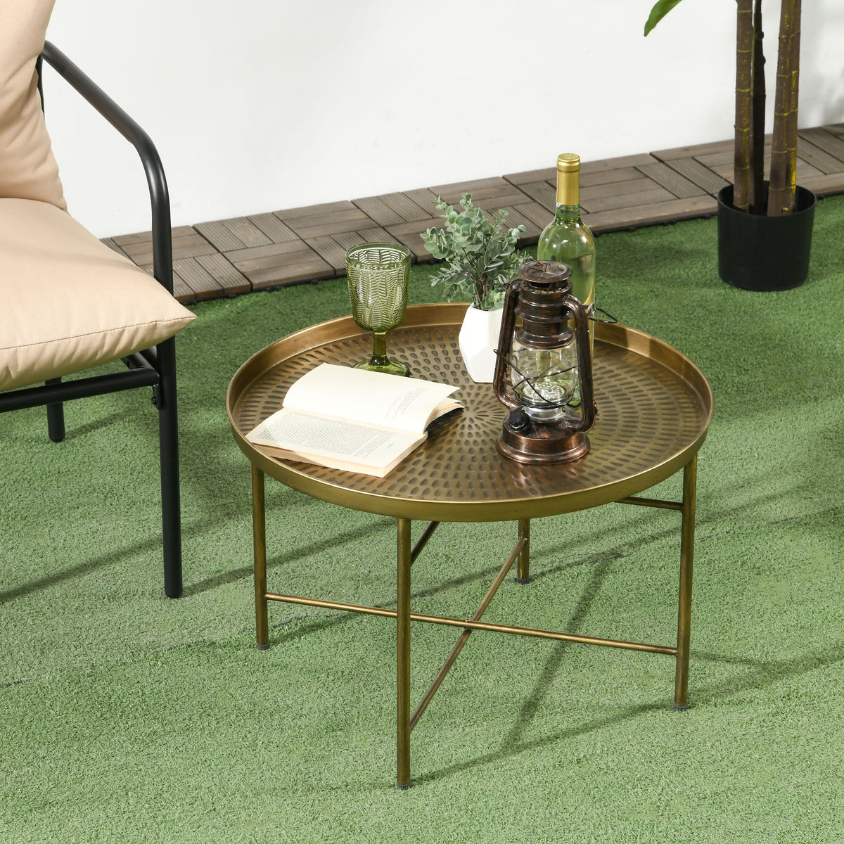 Dessie 24" Vintage Coffee Table with Hammered Tray Top and Metal Frame-Gold