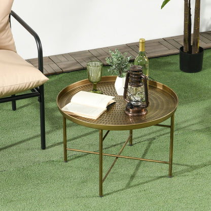 Dessie 24" Vintage Coffee Table with Hammered Tray Top and Metal Frame-Gold