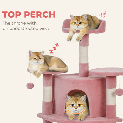62" Cat Tree with Scratching Post, 2 Condos, Hammock, Perches, Plush, Pompoms, for Indoor Cats, Beige