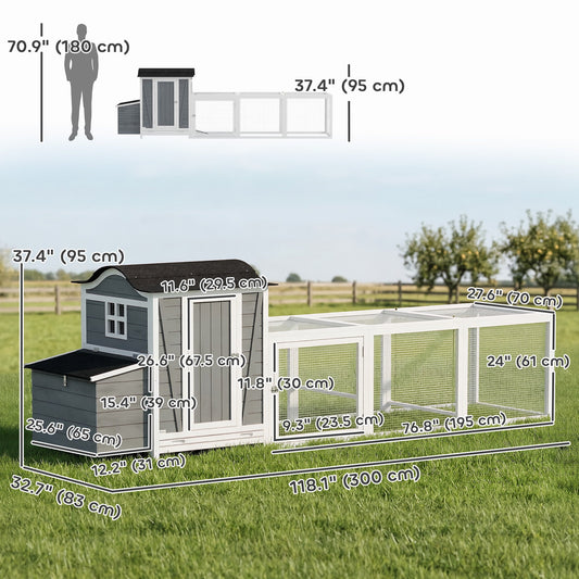 118"L Chicken Coop, Large Wooden Hen House with Run, Pull-Out Tray, Waterproof Roof, Nesting Box, Swing, Roosting Bars