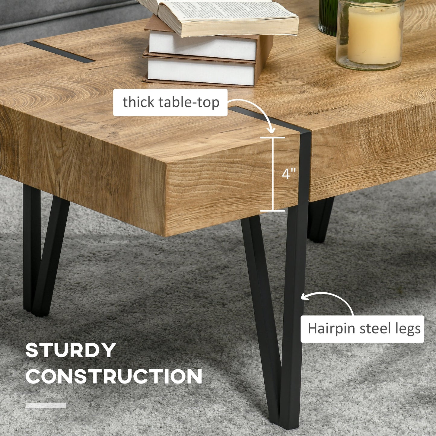 Clayton Rustic Coffee Table with Steel Hairpin Legs-Natural Wood