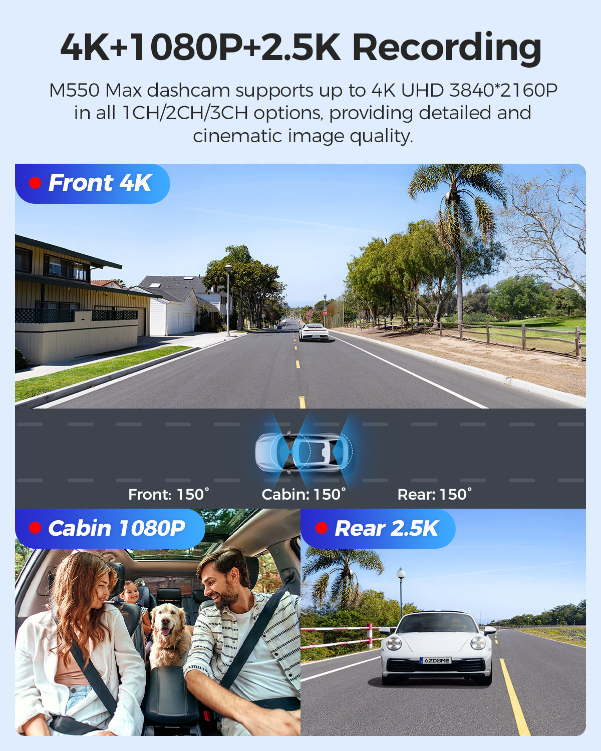 AZDOME M550 Max Dash Cam 3 Channel WiFi GPS 4K+1080P+2.5K Parking Mode 64GB Card