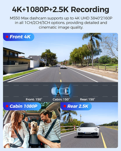 AZDOME M550 Max Dash Cam 3 Channel WiFi GPS 4K+1080P+2.5K Parking Mode 64GB Card