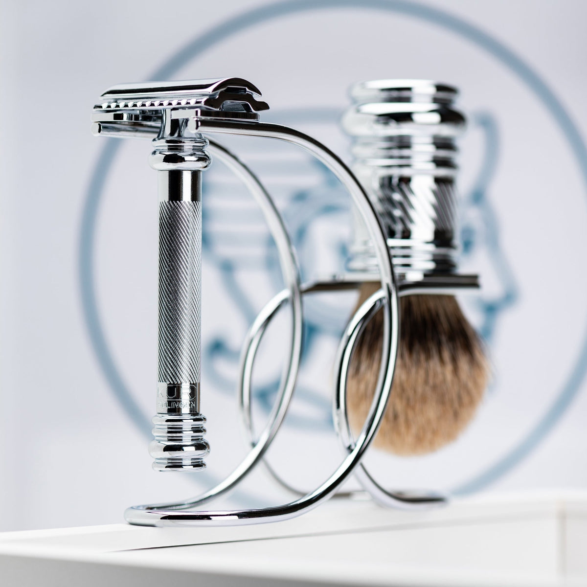 Merkur Shaving Set with MK-38001 Razor, Silver Tip Badger Brush and Curved 3-piece Stand, Chrome