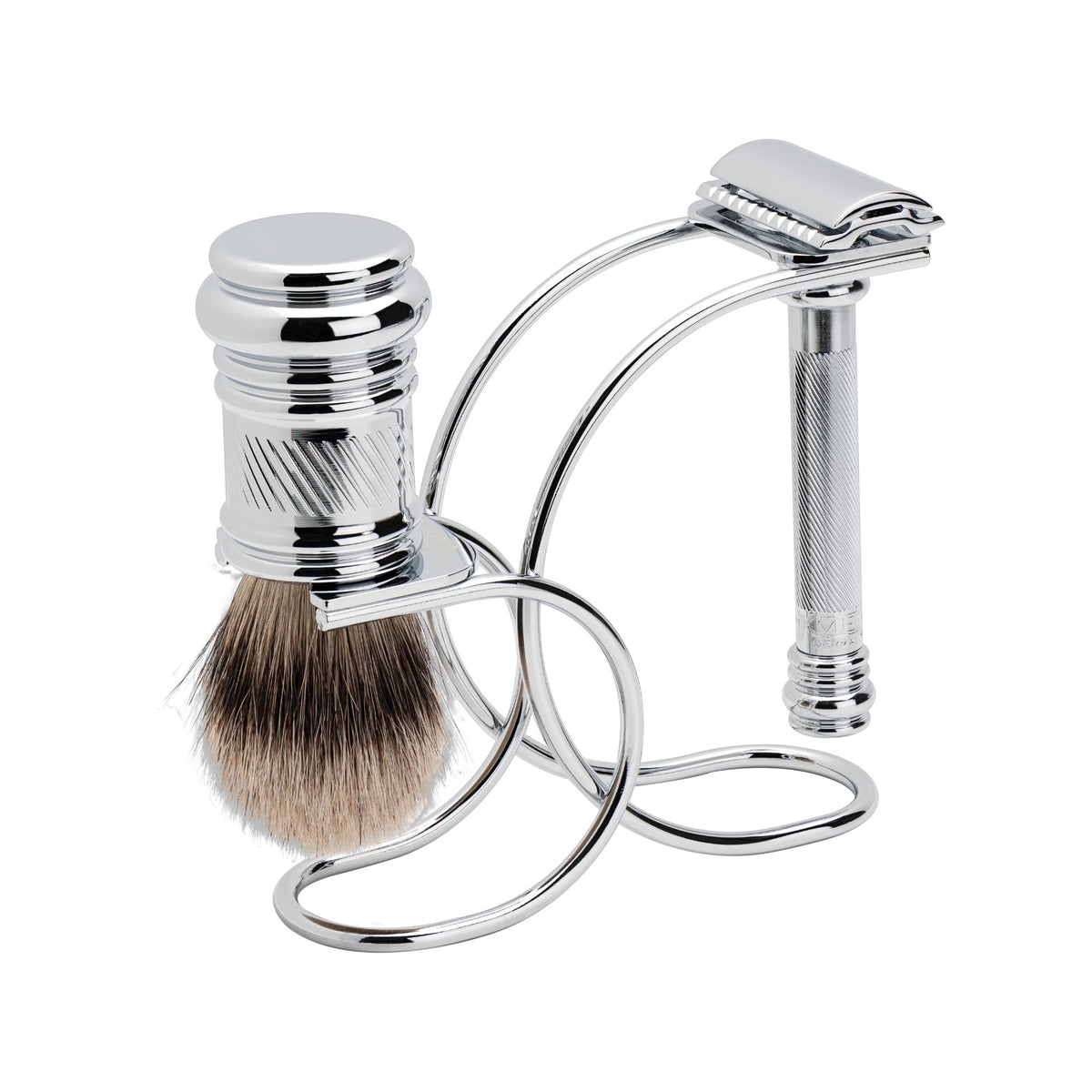 Merkur Shaving Set with MK-38001 Razor, Silver Tip Badger Brush and Curved 3-piece Stand, Chrome