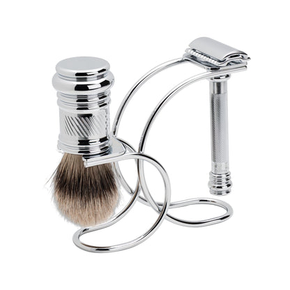 Merkur Shaving Set with MK-38001 Razor, Silver Tip Badger Brush and Curved 3-piece Stand, Chrome
