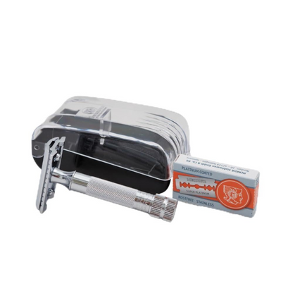 Merkur 34C 2-Piece DE Safety Razor, Closed Comb, Knurled Extra Thick Handle (HD), Chrome, in Hard Plastic Case with 10 Blades