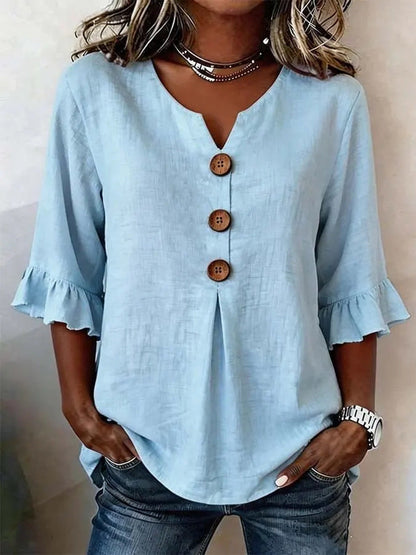 Summer Ruffled-Sleeve Top Loose Casual V-Neck Buttons Short-sleeved Shirts Women's Clothing