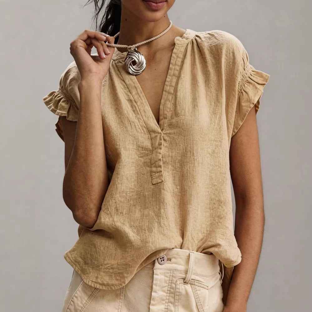 Women's Casual V-Neck Cotton-Linen Blouse Top Summer Ruffle Short-Sleeve Solid Color Office Daily Wear Shirts