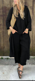 2pcs Long-sleeved Suits Loose V-neck Long Top And High Waist Wide Leg Pants With Pockets Women's Clothing